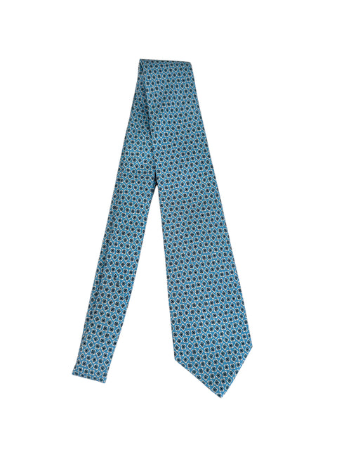 Kiton cravatta 7 pieghe in seta stampata da uomo azzurro
