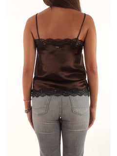 Twinset Top in raso froissé e pizzo da donna marrone