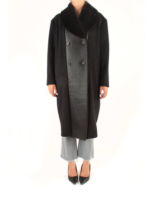 Twinset cappotto lungo in panno con collo effetto pelliccia da donna nero