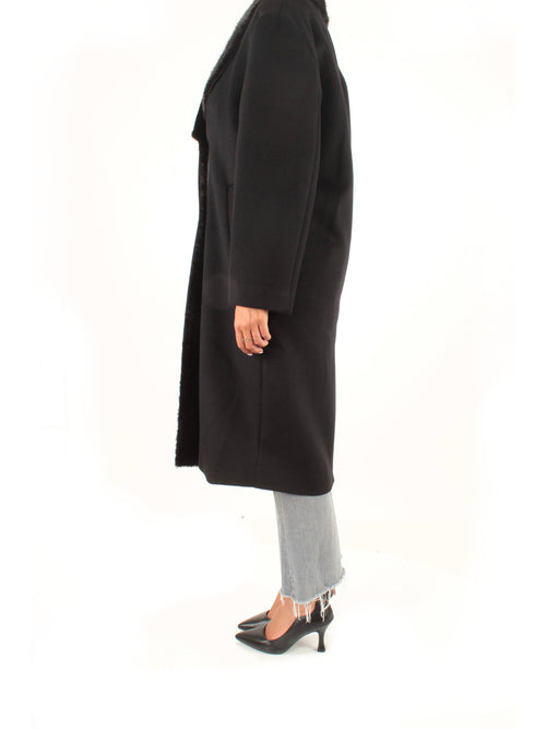 Twinset cappotto lungo in panno con collo effetto pelliccia da donna nero