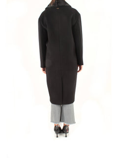 Twinset cappotto lungo in panno con collo effetto pelliccia da donna nero