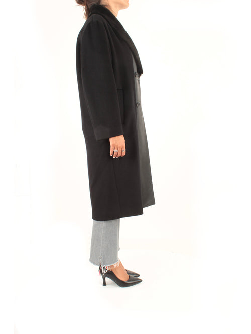 Twinset cappotto lungo in panno con collo effetto pelliccia da donna nero