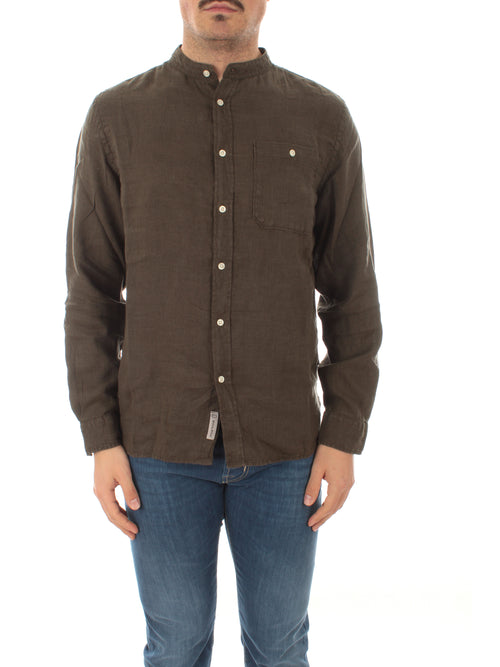 Woolrich BAND COLLAR camicia in lino da uomo dark green