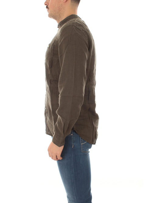 Woolrich BAND COLLAR camicia in lino da uomo dark green