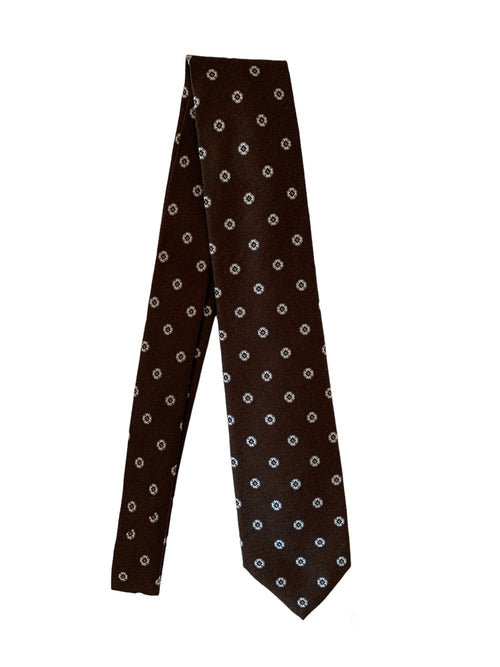 Barba Napoli cravatta 7 pieghe in seta marrone disegno bianco da uomo