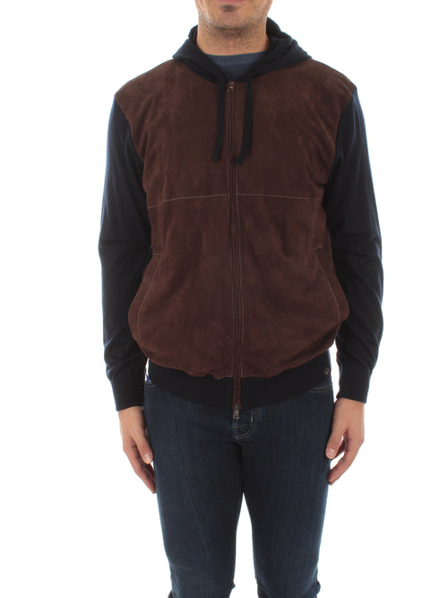 Paul & Shark maglia full zip con cappuccino in lana e suede da uomo blu