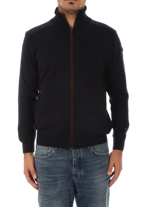 Paul & Shark maglia full zip in lana con dettagli in pelle da uomo blu