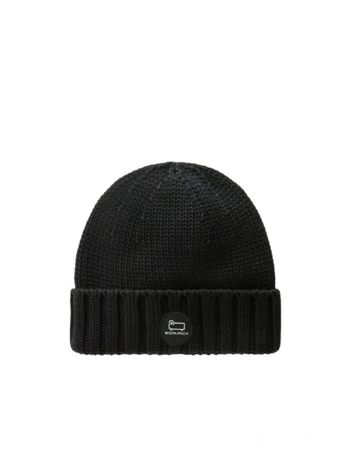 Woolrich Merino Wool Logo Beanie berretto in pura lana da uomo black