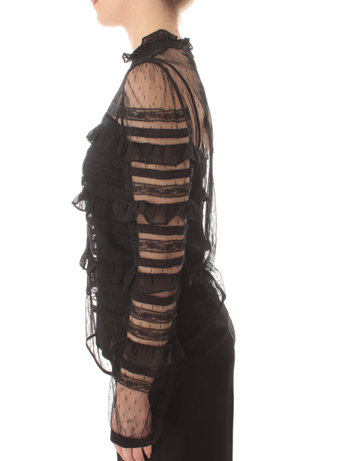 Twinset blusa in tulle plumetis e pizzo da donna nero