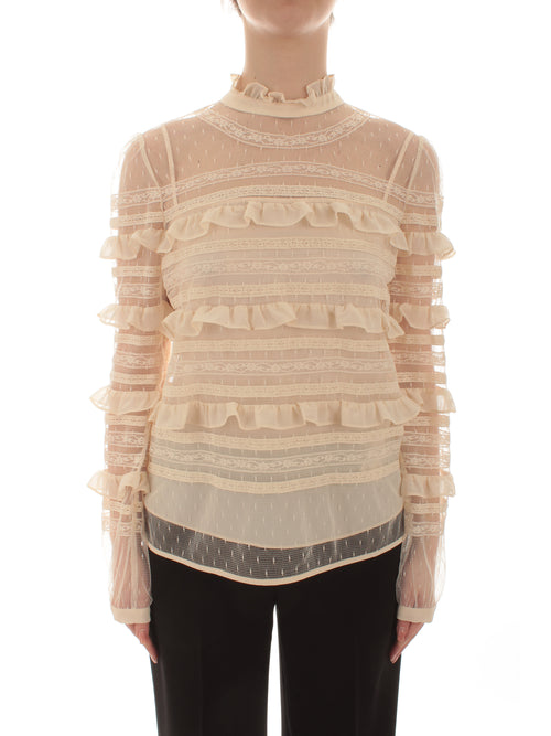 Twinset blusa in tulle plumetis e pizzo da donna avorio
