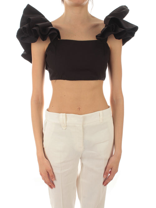 Akep top crop in cotone con voilant da donna nero