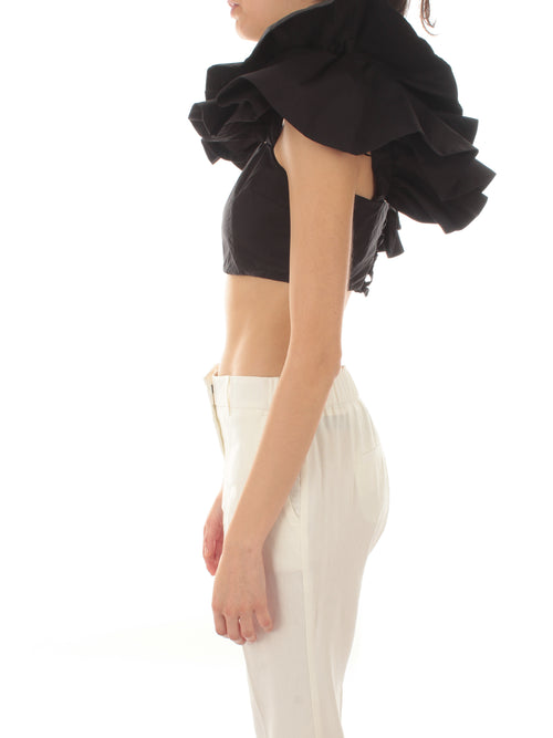 Akep top crop in cotone con voilant da donna nero
